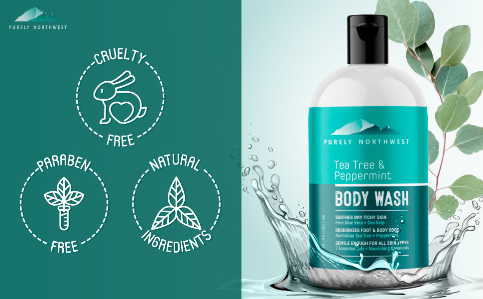 Tea Tree Oil & Peppermint Body Wash for Men & Women-a Refreshing Natural Daily Soap for Body Odor & Acne-Effectively Soothes Jock Itch, Chafing & Athletes Foot-Discolored Nails